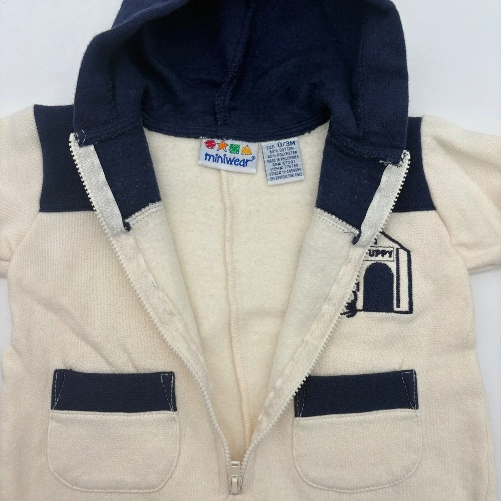 VTG Miniwear Baby Hooded Romper Cream Navy Puppy Embroidery 0-3M Fleece Lined‎